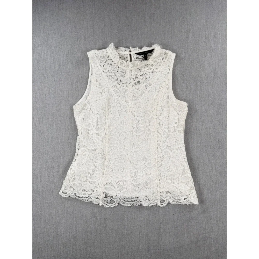 White House Black Market Lace Sleeveless Top Ecru Floral Mock Neck Size 14 - Picture 1 of 9